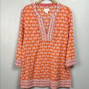 Sigrid Olsen Orange Fan Print Embroidered 3/4 Sleeve Tunic Top Medium